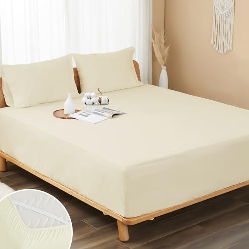 "HOMTEC 100% Cotton Percale Fitted Sheet Full Size, 8-15"" Deep Pocket Cooling Bottom Sheet, Breathable Soft & Crisp Fitted Sheet Only with 4 Corner Straps (Full, Cream)"