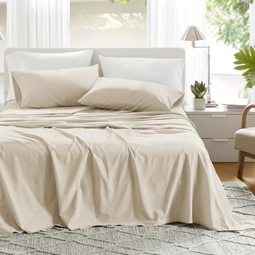 "Comfort Spaces 100% Cotton Sheets King, Breathable & Ultra Soft Cotton Sheets, Naturally Cool Cotton Bed Sheets with 14"" Elastic Pocket Fits up to 16"" Mattress, All Seasons Sheet Set, Cream 4 Piece"