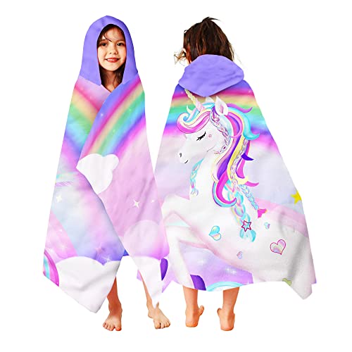"Pink Rainbow Unicorn Hooded Towel - 30"" x 50"" Microfiber Absorbent Quick Dry Bath Swim Pool Towel Poncho Bathrobe with Hood for Girls & Toddlers"