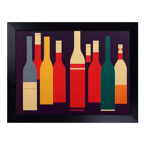 Lap Tray with Bean Bag Cushion, Retro Wine Bottle Art - Handmade in the UK, Raised Wooden Edge, Padded Cushion, Heat-Resistant Wipe-Clean Surface, for Meals, Laptops and Crafts