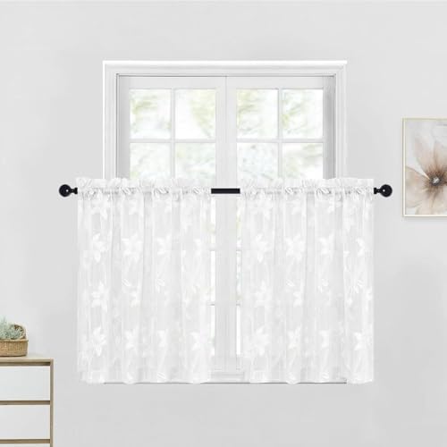 DWCN 2 Pack White Floral Lace Small Short Sheer Curtains for Kitchen - Light flitering Transparent Rod Pocket Half Window Sheer Curtains for Small Window Living Room Cafe, 30 x 36 inch, White