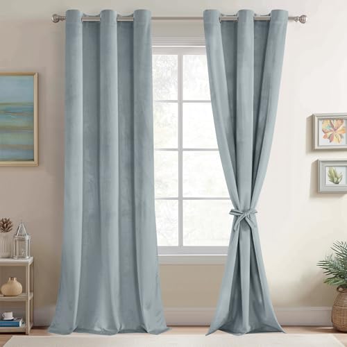 JIUZHEN Stone Blue Velvet Curtains 96 inches Blackout Curtains for Living Room - Privacy Protect Room Darkening Grommet Thick Velvet Window Drapes for Bedroom, Set of 2 with Tiebacks, 42W x 96L