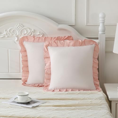Merryword Beige and Pink Reversible Pillowcases 18x18 Throw Pillow Covers Pack of 2 Soft Microfiber Ruffle Decorative Pillowcase Cushion for Couch Sofa Bedroom