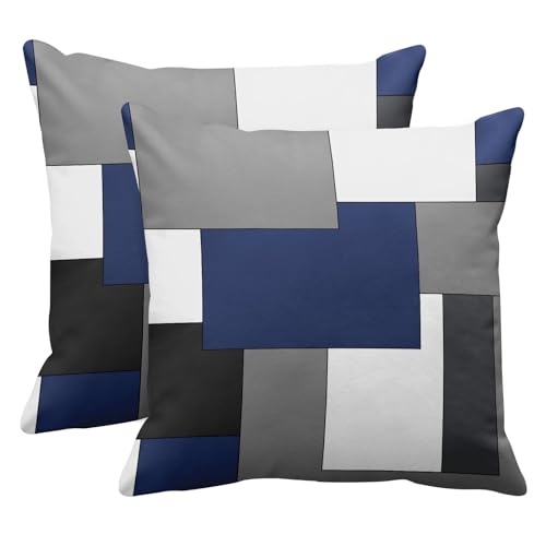 Emvency Set of 2 Dark Blue Geometric Throw Pillow Cover Black Grey White Painting Abstract Checkered Design Decorative Pillow Case Modern Home Decor Standard Square 16x16 Inch Cushion Pillowcase