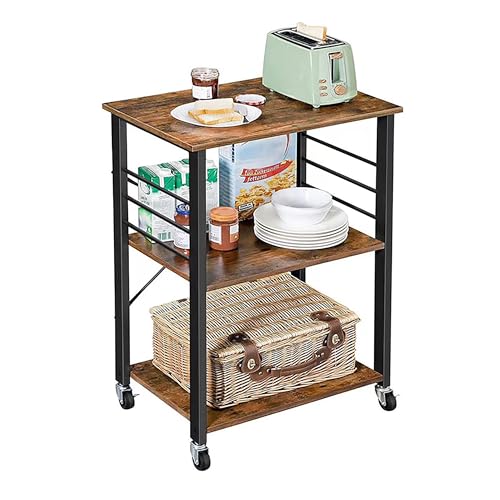 Relaxdays 3-Tier Kitchen Trolley with Hooks, Metal Frame, Castors, 89x60x40cm, Brown-Black for Home & Office