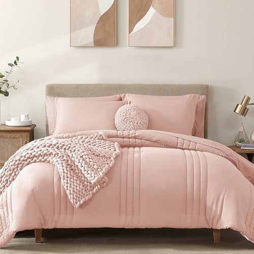 Full Size Comforter Set-7 Pieces Light Pink Bed in a Bag Full Bedding Sets - Monbix All-Season Vertical Quilted Comforter with Sheets, Pillow Shams & Pillowcases