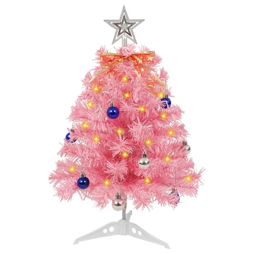 AGM Mini Christmas Tree with Lights, Small Pink Tabletop Christmas Tree with Mini Baubles for Indoor Outdoor Christmas Holiday Decoration