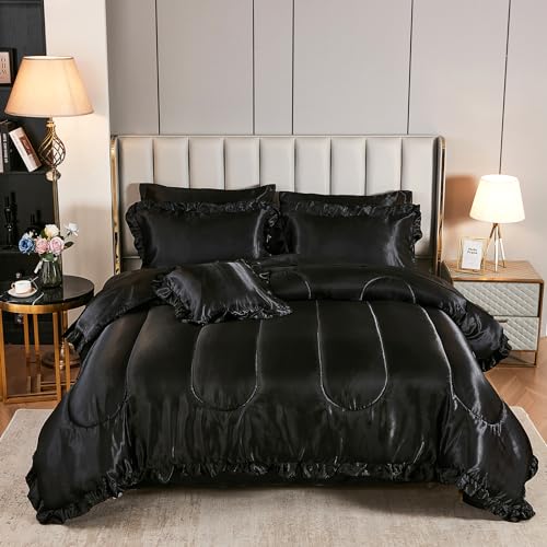 Satin Comforter Set with Sheet Set King 8 Pcs Silk Like Black Bedding Set Silky Ruffle Pattern Luxury Silky Comforter Set with 1 Cushion Cover