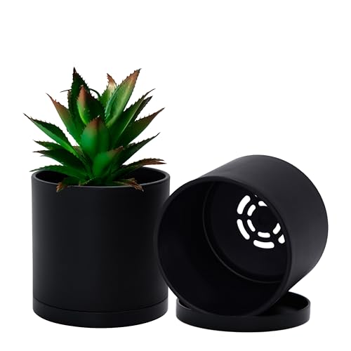 D'vine Dev 2-Pack Black Plastic Planters with Saucers, 4 in, 74-Y-E-1 - Lightweight Durable Build, Matte Finish, Cylindrical Shape, Efficient Drainage, Detachable Saucer, Minimalist Modern Style