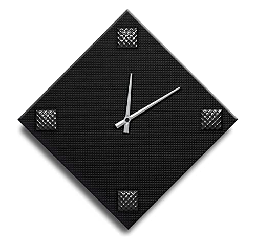 Mareli Wall Clock, Width 42x42, 4 mm Wooden dial Covered with Black Embossed Paper with 4 Studs Coloured Enamelled Metal, Lato rombo cm 30