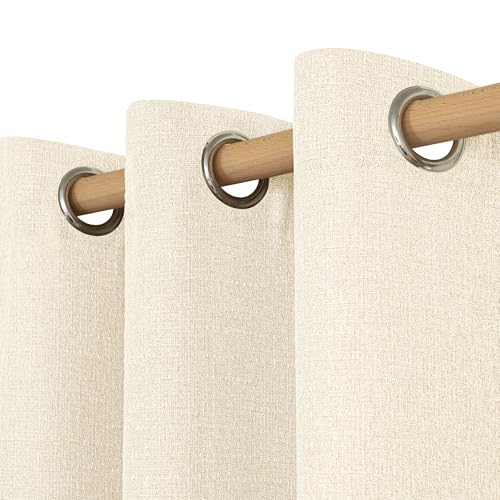 LAMIT Light Beige Linen Curtains 72 inch Long for Bedroom, Grommet Thick Light Reducing Thermal Light Filtering Curtains Window Panels for Living Room/Farmhouse, Set of 2 Panels, W52 x L72