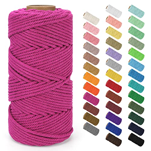 Macrame Cord 4mm x 109Yards (328Feet), Natural Cotton Macrame Rope - 4 Strands Twisted Macrame Cotton Cord for Wall Hanging, Plant Hangers, Crafts, Gift Wrapping and Wedding Decorations, Rose Red