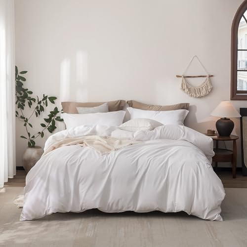 Warm Moment Linen Feel Duvet Cover Queen Size 90inch x 90inch,100% Washed Cotton Duvet Cover with Zipper Closure and 2 Pillowcases, Color of Bright White