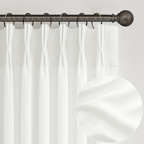 PleatedDrapes Pure White Semi Sheer Curtains 100 Inches Long for Kids Room, Pinch Pleat Neutral Thick Linen Privacy Curtain Light Filtering with Back Tab 8-1/3FT Length Dining Room Drapes 2 Panels Set