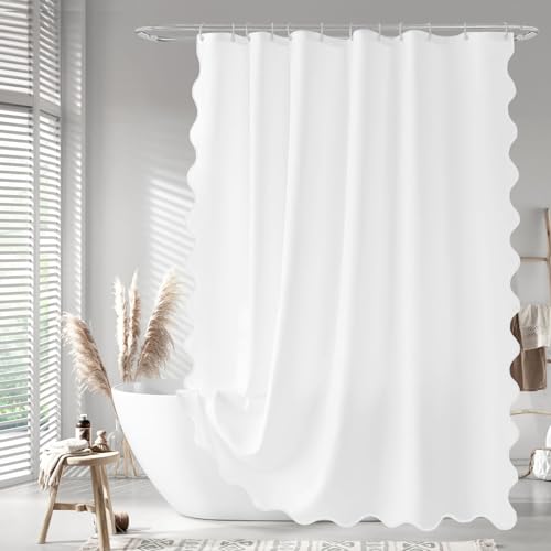 Seasonwood White Scalloped Fabric Shower Curtain 72 x 72 Inches, Aesthetic Shower Curtain Cute Pretty Shower Curtains