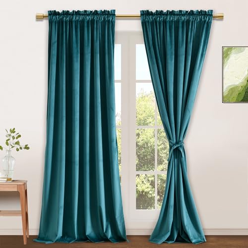 JIUZHEN Teal Velvet Curtains Window Treatment Thermal Insulated Luxury Room Darkening Rod Pocket Backdrops for Living Room/Office/Kitchen, 52 inch x 120 inches, 2 Panels
