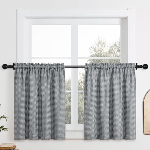 Home Queen Water Resistant Bathroom Window Curtains,36WX24L Inches - Raised Dot Waffle Textured Shower Window Curtains, Rod Pocket Light Filtering Kitchen Curtains, 2 Panels, Charcoal