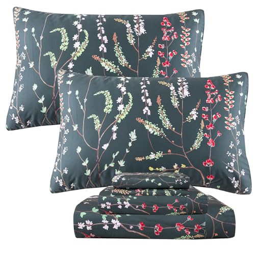 "QSH Floral Egyptian Cotton Sheets King Size - Navy Floral Bedding Sheets Botanical Pattern Printed Bedding King Size Bed Sheets 17.5"" Extra Deep Pocket 4pcs"