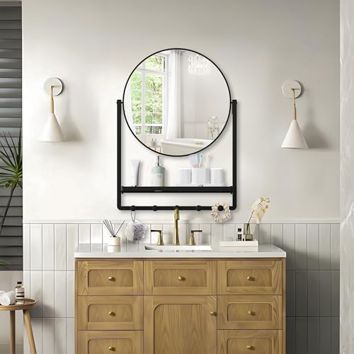 "WONSTART Wall Mirror with Shelf (Black-Round, 29.3"" X 21.7"")"
