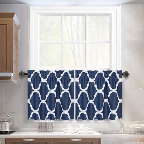 Melodieux Moroccan Fashion Tier Curtains for Kitchen, Geometric Print Rod Pocket Curtains for Cafe Bathroom Small Windows, 29 x 24 Inch, Navy Blue