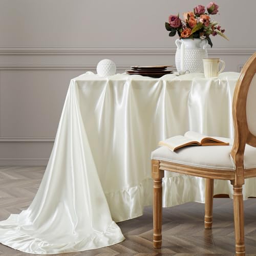 "Vonty Ruffle Tablecloth White Satin Tablecloth - 60"" x 102"", Silky Table Cloth Rectangle Scalloped Table Cloth Farmhouse Tables Cover Silk Tablecloths Vintage Tables Skirt for Kitchen Dining"