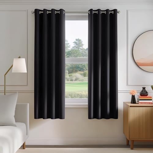 FMFUNCTEX 100% Blackout Black Curtains 54 Inch Long Grommet Drapes 2 Panels - Black out Drapes, Thermal Insulated Noise Reducing, Textured Weave, Room Darkening, Window Curtain, for Living Room,Grommet