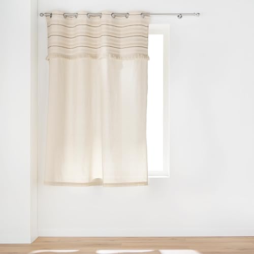 Douceur d'Intérieur, Atlas Natural Curtain with Eyelets 140 x 180 cm, Plain Cotton and Woven Top and Fringes