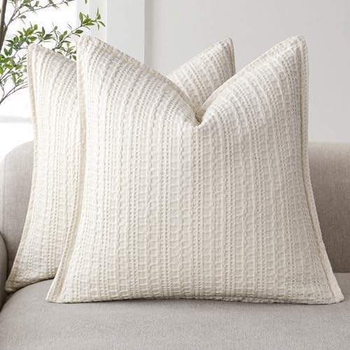 Foindtower Set of 2 Decorative Cotton Waffle Weave Throw Pillow Covers Euro Shams Cushion Covers Accent European Pillowcase for Bed Couch Sofa Bedroom Living Room Home Decor 18??18 Inch Natural Ivory