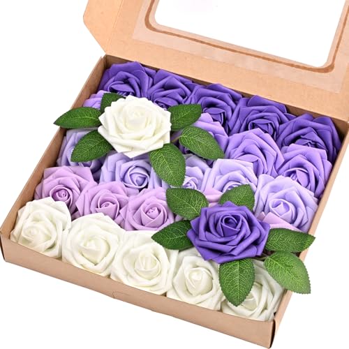 Siyaluens 25 Pcs Foam Fake Roses with Stems, Artificial Flowers for Wedding - Gradient Purple Real Touch Boxed Foam Rose for Bridal Shower Centerpieces, Party Arrangements, Cake Decorations, DIY Bouquets