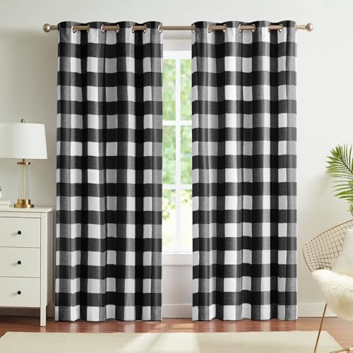 Melodieux Buffalo Check Plaid Blackout Curtains 54 Inches Long for Bedroom, Living Room Thermal Insulated Room Darkening Grommet Drapes, Black, 50 x 54 Inch, 2 Panels