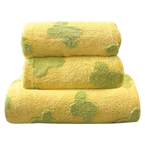 Lacomfy Yellow Bath Towels 3 Pack Plant Pattern Hand Towels and Bath Towels Super Soft Absorbent Velvet Towels for Bathroom Shower Spa (Yellow Plant)