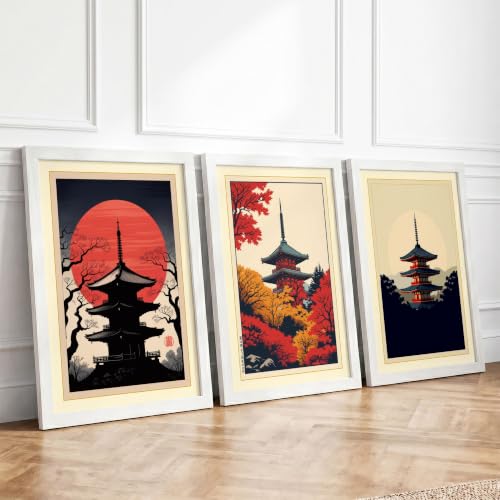 Pagoda Seasons Triptych Japandi Set of 3 Framed Wall Art Prints A3