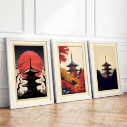 Pagoda Seasons Triptych Japandi Set of 3 Framed Wall Art Prints A3