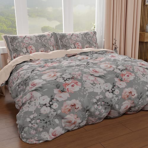 PETTI Artigiani Italiani - Microfibre Duvet Cover Set, Floral 17 Grey, 150 x 200 cm + 1 pillowcase 50 x 80 cm - Made in Italy
