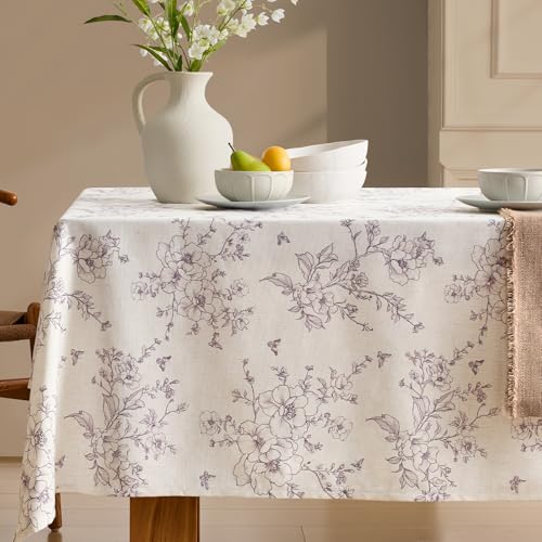Rustic Linen Rectangle Tablecloth Floral Table Cloth with Purple Flowers - Print Tablecloth,Burlap Textured,Farmhouse French Rural,Outdoor Table Cover for Picnic,Dining,Party,Home Decor 55x84 Inch