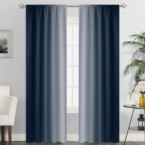 SimpleHome Navy Blue Ombre Rod Pocket Curtains for Bedroom,52Wx90L - Room Darkening Curtains for Bedroom,Gradient Light Blocking Curtain,Thermal Insulated Window Drapes,2 Panels,84 Inch