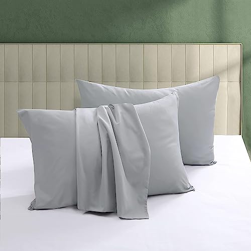 100% Egyptian Cotton Pillow Protectors Set of 4 Standard Size - 600 Thread Count Pillow Cases with Zipper, Silky Soft Sateen Weave Pillowcases, Breathable, Luxury Hotel Quality, Gray