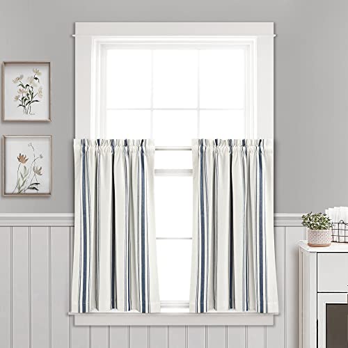 "Lush Decor Farmhouse Stripe Yarn Dyed Recycled Cotton Window Curtain Kitchen Tiers, 29"" L x 36"" W, Navy"