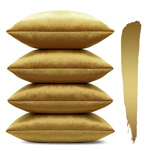 OTOSTAR Set of 4 Decorative Throw Pillow Covers Soft Velvet Solid Square Pillow Cases Luxury Cushion Covers Case for Sofa Car Patio Bedroom Living Room 24x24 Inch, Golden