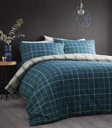 Portfolio Iona Modern Checked 100% Brushed Cotton Flannelette Duvet Cover Set Reversible Bedding, Teal, Double