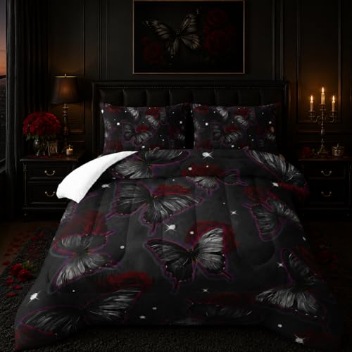 Nttopship Black Butterfly Comforter Sets Queen Size, Black Butterfly Flowers 3D Animal Pattern Kids Bedding Sets for Girls Teens 3 Piece Bedroom Decor Comforter with 2 Pillowcases