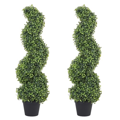 THE BLOOM TIMES 3ft Spiral Boxwood Topiary Trees Artificial Outdoor Set of 2 Pack - 36 Inch Faux Evergreen Trees - Fake Plants for Front Porch Planter Decor 3 Foot