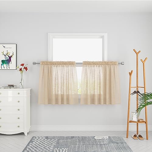 "UPOPO Beige Sheer Tier Curtains Kitchen Bathroom Rod Pocket 24"""