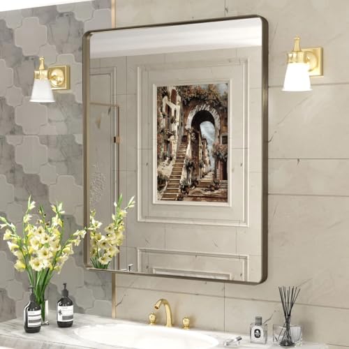 CHARMOR 30x36 Bronze Bathroom Wall Mirror, Modern Brushed Metal Framed Mirror for Vanity, Rounded Oil Rubbed Bronze Frame, Anti-Rust, Tempered Shatterproof (Horizontal/Vertical)