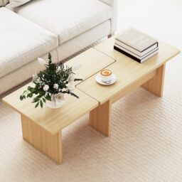 HOMFME 2-Piece Coffee Table, Wooden Center Tables with Storage Shelf & Protective Foot Pads, Mid-Century Cocktail Tables Retro Snack Tea Table for Living Room Bedroom Office (Oak)