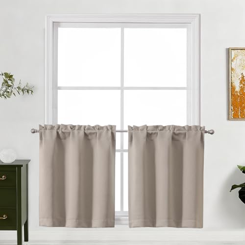 "Lecloud Stone Kitchen Curtains 24 Inch Length 2 Pcs, Privacy Modern Room Darkening Curtain, Thermal Window Treatments Drapes Rod Pockets for Cafe Bedroom Cabinet Camper, Each Panel 30"" W x 24"" L"