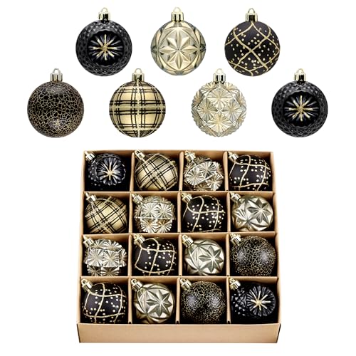 Valery Madelyn Ornaments for Christmas Trees, 16ct Black and Gold Shatterproof Christmas Tree Decorations, 2.36 Inches Luxury Hanging Ball Ornaments for Xmas Holiday Party