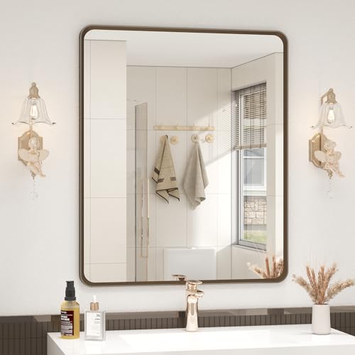 okpal 20x24 Bronze Bathroom Vanity Mirror, Brushed Metal Framed Bathroom Mirror, Rounded Bronze Rectangle Mirror for Farmhouse, Bedroom, Anti-Rust (Horizontal/Vertical)