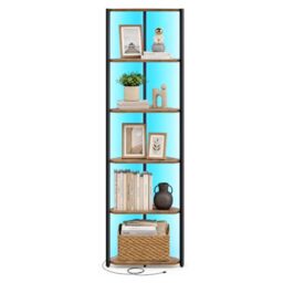 VASAGLE 6-Tier Corner Shelf, Bookcase with Adjustable LED Lights, Storage Shelf with Steel Frame, 48 x 24.8 x 182.1 cm, for Living Room, Bedroom, Study, Rustic Brown and Black LBC591KD01