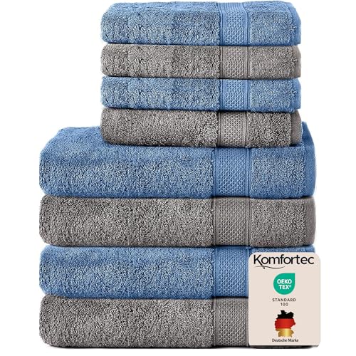 Komfortec Set of 8 Hand Towels 100% Cotton, 4 Bath Towels 70 x 140 cm and 4 Hand Towels 50 x 100 cm, Terry Cloth, Soft, Towel, Large, Anthracite/Light Blue